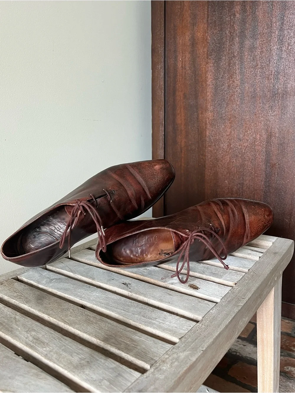 Berluti Paris Venezia Leather Wholecut Derby Shoes Brown Patina Italy